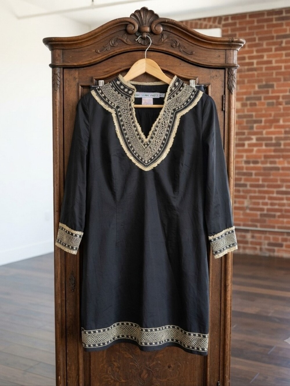 Embroidered Black Tunic Dress with Gold Trim